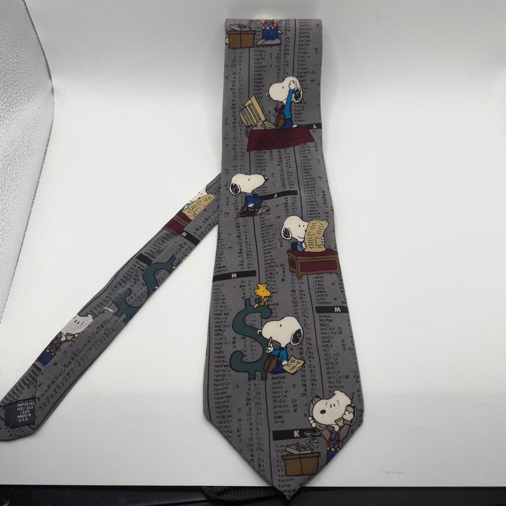Vintage 90's Peanuts Snoopy Stock Market Success Silk Tie Grey Mens USA Made New